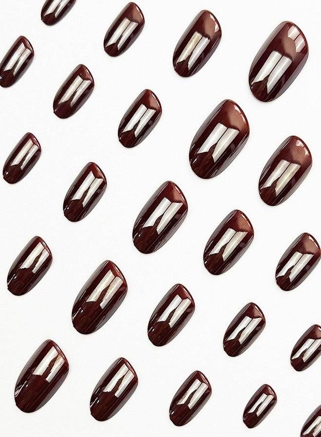 MABKJLF Chrome Press on Nails Short Oval MABKJLF Fake Nails False Nails with Metal Designs Brown Glossy Glue on Nail Full Cover Acrylic Nail for Women Girls 24Pcs - Image 4